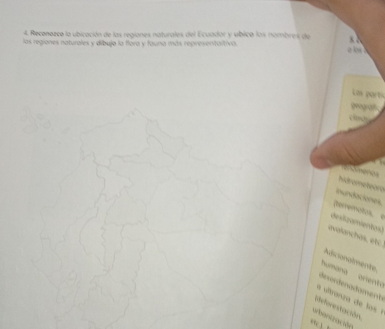 Reconozco la ubicación de las regiones naturales del Ecuador y ubico los nombres de 5
las regiones naturales y dibujo la flora y fauna más representaítiva. 
a los à 
Las partíc 
geográffe 
climá 
hidrometeor 
inundaciones 
(terrémotos, e 
deslizamientos) 
avalanchas, etc. 
Adicionalmente 
humana oriento 
r men 
aultranza de lo a 
(deforestación. 
urbanización 
etc.)