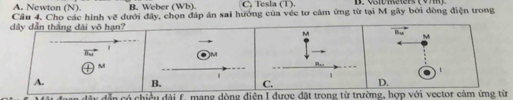 A. Newton (N). B. Weber (Wb). C. Tesla (T). D. Völtméters (VM).
Cầu 4. Cho các hình vẽ dưới đây, chọn đáp án sai hướng của véc tơ cảm ứng từ tại M gây bởi dòng điện trong
San dây dẫn có chiều dài f. mang d