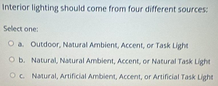 Solved: Interior lighting should come from four different sources ...