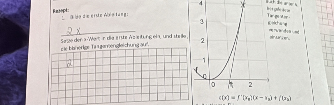 Rezept: 4
auch die unter 4.
rgeleitete
1. Bilde die erste Ableitung:ngenten-
eichung
_
rwenden und
Setze den x-Wert in die erste Ableitung ein, und stelle.
insetzen.
die bisherige Tangentengleichung auf.