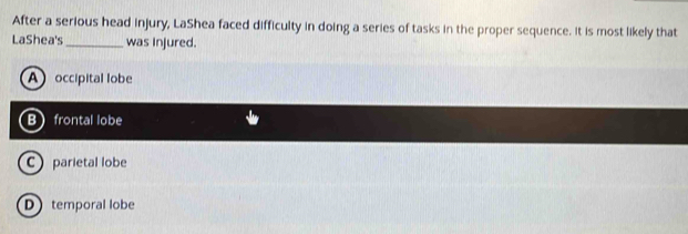 After a serious head injury, LaShea faced difficulty in doing a series of tasks in the proper sequence. It is most likely that
LaShea's_ was Injured.
A occipital lobe
B frontal lobe
C parietal lobe
D temporal lobe