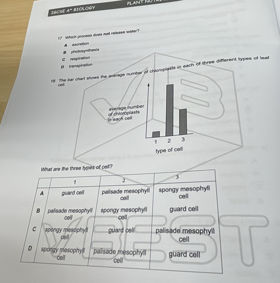 PLANTNU
IGCSE A^* BIOLOGY
17 Which process does not release water?
A excretion
B photosynthesis
C respiration
D transpiration
18 in each of three different types of leaf
c
What are the three types of cell?
1
2
3
A guard cell palisade mesophyll spongy mesophyll
cell cell
B palisade mesophyll spongy mesophyll guard cell
cell cell
C spongy mesophyll guard cell palisade mesophyll
cell cell
D spongy mesophyll palisade mesophyll guard cell
cell cell