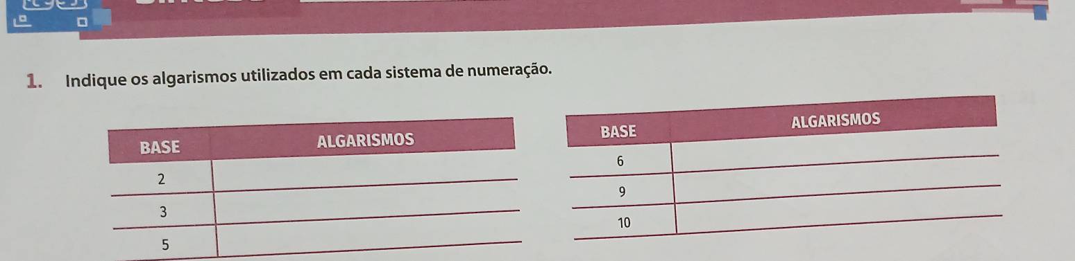 Indique os algarismos utilizados em cada sistema de numeração.