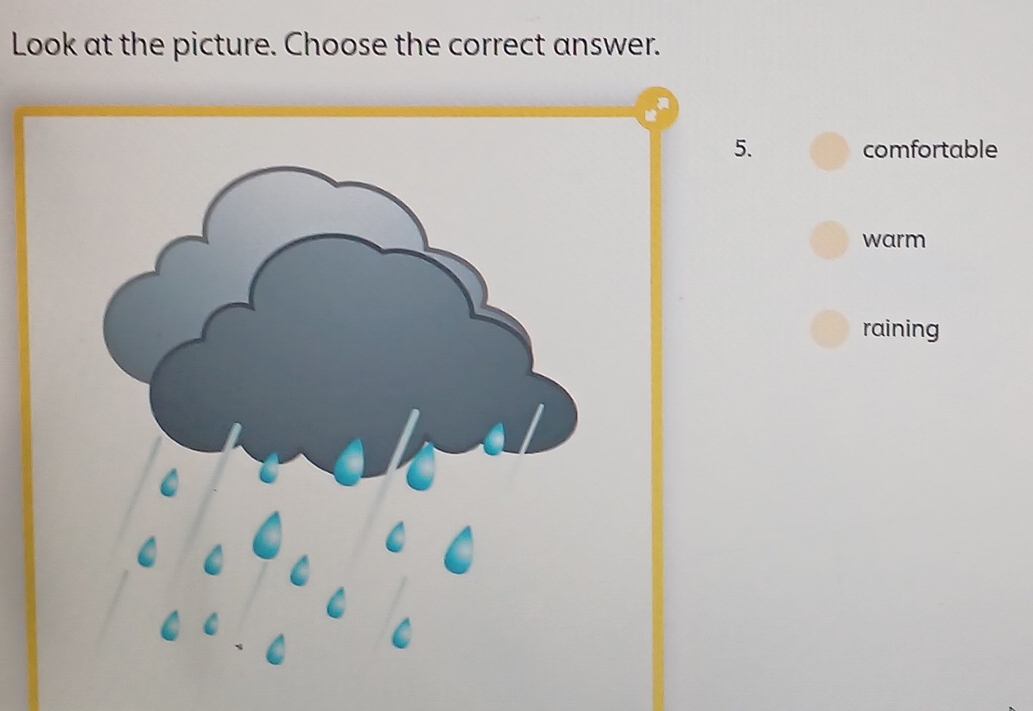 Look at the picture. Choose the correct answer. 
5. comfortable 
warm 
raining