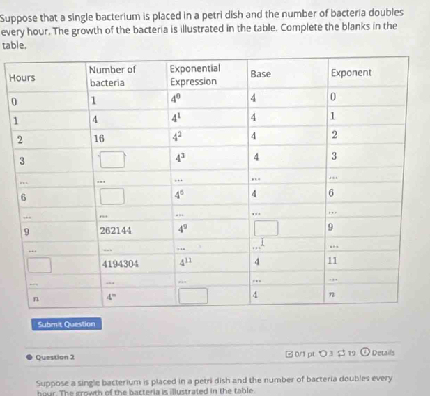 Suppose that a single bacterium is placed in a petri dish and the number of bacteria doubles
every hour. The growth of the bacteria is illustrated in the table. Complete the blanks in the
table.
H
0
Submit Question
Question 2 0/1pt つ3 $19 odot Details
Suppose a single bacterium is placed in a petri dish and the number of bacteria doubles every
hour. The growth of the bacteria is illustrated in the table.