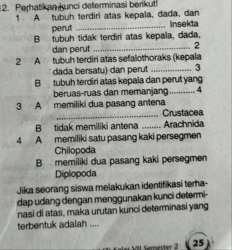 Perhatikan kunci determinasi berikut!
1 A tubuh terdiri atas kepala, dada, dan
perut _Insekta
B tubuh tidak terdiri atas kepala, dada,
dan perut_
2
2 A tubuh terdiri atas sefalothoraks (kepala
dada bersatu) dan perut_
3
Btubuh terdiri atas kepala dan perut yang
beruas-ruas dan memanjang........... 4
3 A memiliki dua pasang antena
_Crustacea
B tidak memiliki antena _Arachnida
4 A memiliki satu pasang kaki persegmen
Chilopoda
B memiliki dua pasang kaki persegmen
Diplopoda
Jika seorang siswa melakukan identifikasi terha-
dap udang dengan menggunakan kunci determi-
nasi di atas, maka urutan kunci determinasi yang
terbentuk adalah ....
e a s V II S emester 2 25