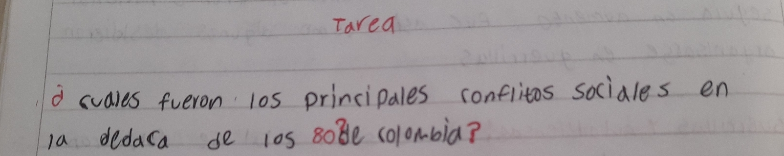 Tarea 
d sudles fueron l0s principales conflitos sociales en 
la dedaca de 10s 80Be colombia?