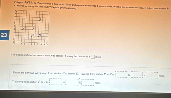 Polygon JKLMNP represents a bus route. Each grid square represents 9 square miles. What is the shortest distance, in miles, from station P
to station L using the bus route? Explain your reasoning 
23 
The shortest distance from station P to station L using the bus route is □ miles. 
There are only two ways to go from station P to station L. Traveling from station P to N to miles. 
i to 
Traveling from station P to J to , to i is miles.