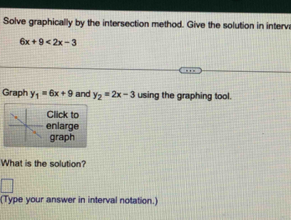 Solve graphically by the intersection method. Give the solution in interv
6x+9<2x-3</tex> 
Graph y_1=6x+9 and y_2=2x-3 using the graphing tool.
Click to
enlarge
graph
What is the solution?
(Type your answer in interval notation.)