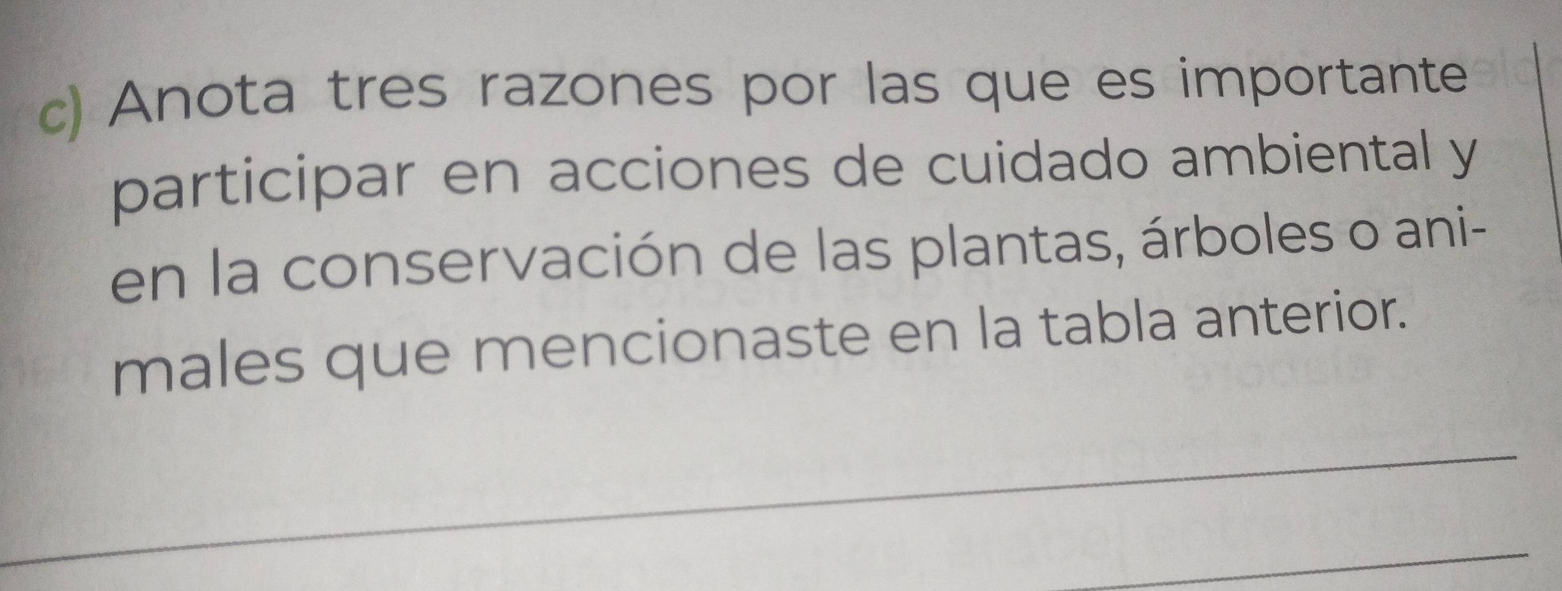 Anota tres razones por las que es importante 
participar en acciones de cuidado ambiental y 
en la conservación de las plantas, árboles o ani- 
males que mencionaste en la tabla anterior.