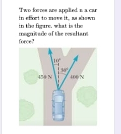 Two forces are applied n a car
in effort to move it, as shown
in the figure. what is the
magnitude of the resultant
force?