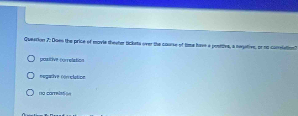 Does the price of movie theater tickets over the course of time have a posittive, a negative, or no comelation?
positive correlation
negative correlation
no correlation