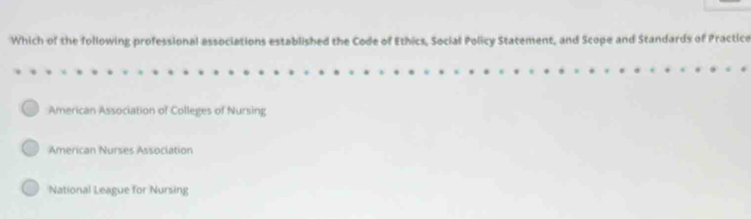 Which of the following professional associations established the Code of Ethics, Social Policy Statement, and Scope and Standards of Practice
American Association of Colleges of Nursing
American Nurses Association
National League for Nursing