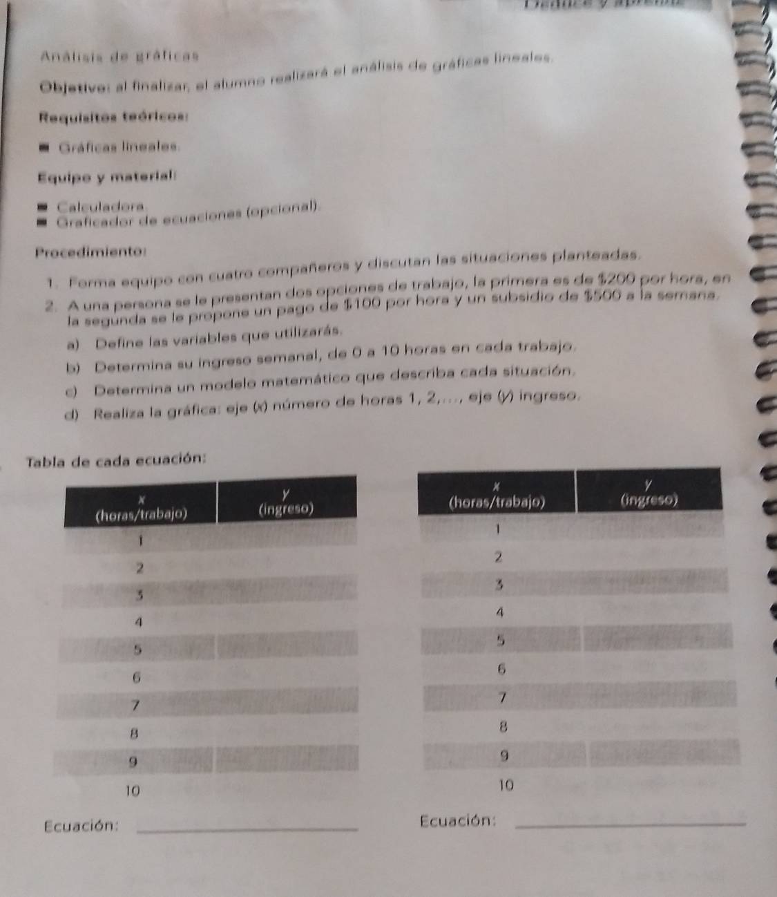 Análisia de gráficas 
Objetive: al finalizar, el alumno realizará el análisis de gráficas lineales. 
Requisitos teóricos: 
Gráficas lineales. 
Equipe y material 
Calculadora 
Graficador de ecuaciones (opcional) 
Procedimiento: 
1. Forma equipo con cuatro compañeros y discutan las situaciones planteadas. 
2. A una persona se le presentan dos opciones de trabajo, la primera es de $200 por hora, en 
la segunda se le propone un pago de $100 por hora y un subsidio de $500 a la semana. 
a) Define las variables que utilizarás. 
b) Determina su ingreso semanal, de 0 a 10 horas en cada trabajo. 
c) Determina un modelo matemático que describa cada situación. 
d) Realiza la gráfica: eje (x) número de horas 1, 2,..., eje (y) ingreso. 
Tla de cada ecuación: 
Ecuación: _Ecuación:_