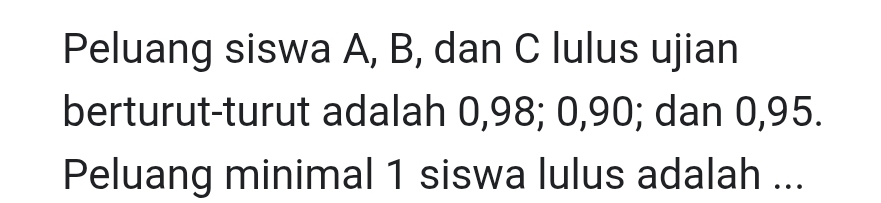 Peluang siswa A, B, dan C lulus ujian 
berturut-turut adalah 0,98; 0,90; dan 0,95. 
Peluang minimal 1 siswa lulus adalah ...