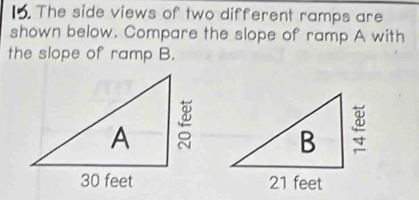 The side views of two different ramps are 
shown below. Compare the slope of ramp A with 
the slope of ramp B.