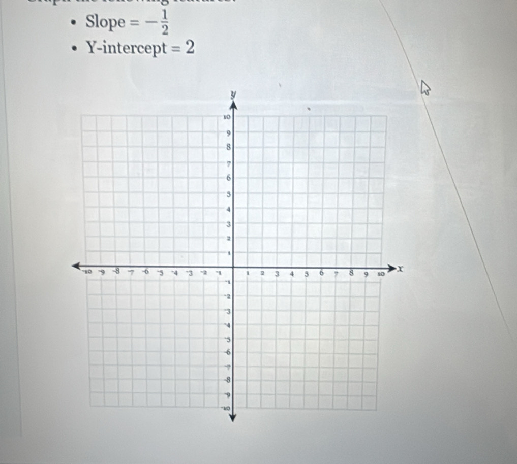 Slope =- 1/2 
Y-intercept =2