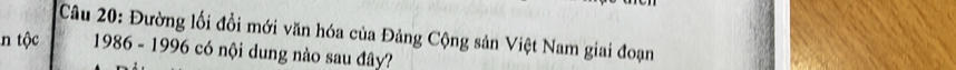 Đường lối đồi mới văn hóa của Đảng Cộng sản Việt Nam giai đoạn 
n tộc 1986-1996 có nội dung nào sau đây?