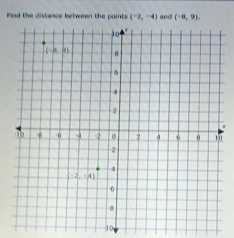 Find the distance between the points (-2,-4) and (-8,9).
×
-10