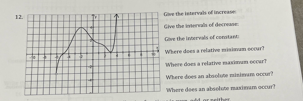 1ive the intervals of increase: 
ive the intervals of decrease: 
ive the intervals of constant: 
here does a relative minimum occur? 
here does a relative maximum occur? 
Where does an absolute minimum occur? 
Where does an absolute maximum occur?