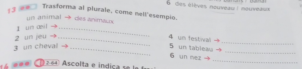 des élèves nouveau | nouveaux 
13 .. Trasforma al plurale, come nell'esempio. 
un animal → des animaux 
1 un œil_ 
_ 
2 un jeu _4 un festival 
_ 
3 un cheval _5 un tableau 
_ 
6 un nez 
264 scola e in dic