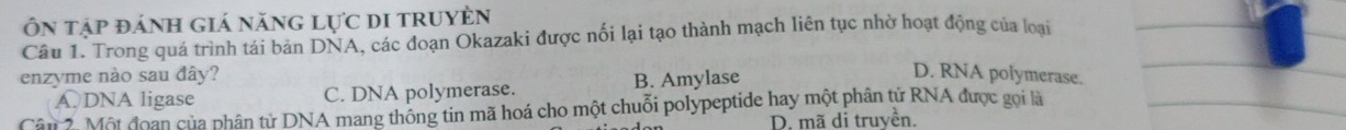 Ôn tập đánh giá năng lực di truyền
Câu 1. Trong quá trình tái bản DNA, các đoạn Okazaki được nối lại tạo thành mạch liên tục nhờ hoạt động của loại
enzyme nào sau đây?
A DNA ligase C. DNA polymerase. B. Amylase
D. RNA polymerase.
Cân 2. Một đoan của phân tử DNA mang thông tin mã hoá cho một chuỗi polypeptide hay một phân tử RNA được gọi là
D. mã di truyền.