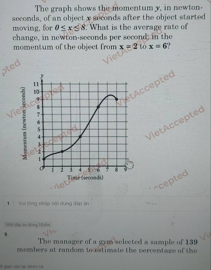 The graph shows the momentum y, in newton-
seconds, of an object x seconds after the object started 
moving, for 0≤ x≤ 8. What is the average rate of 
change, in newton-seconds per second, in the 
momentum of the object from x=2 to x=6 ? 
oted 
ted 
Vi 
Viet Acceptec 
~cepted 
1 Vui lòng nhập nội dung đáp án 
Một đáp án đúng,1Điểm 
9. 
The manager of a gym selected a sample of 139
members at random to estimate the percentage of the 
Bi gian còn lại 00:01:16