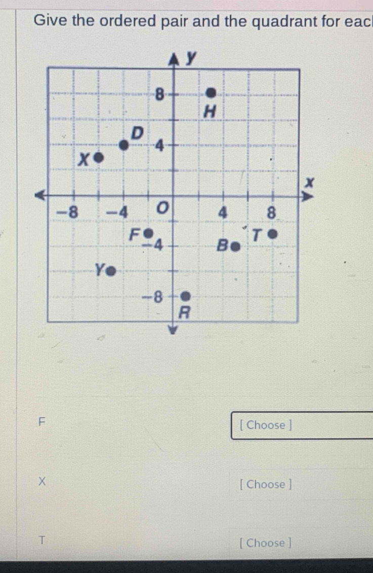 Give the ordered pair and the quadrant for eac
F [ Choose ] 
[ Choose ]
T [ Choose ]