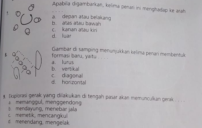 Apabila digambarkan, kelima penari ini menghadap ke arah
1.
a. depan atau belakang
b. atas atau bawah
c. kanan atau kiri
d. luar
Gambar di samping menunjukkan kelima penari membentuk
8.
formasi baru, yaitu . . . .
a. lurus
b. vertikal
c. diagonal
d. horizontal
9. Eksplorasi gerak yang dilakukan di tengah pasar akan memunculkan gerak . . . .
a. memanggul, menggendong
b. mendayung, menebar jala
c. memetik, mencangkul
d. menendang, mengelak