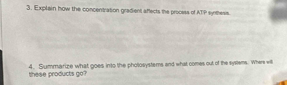 Explain how the concentration gradient affects the process of ATP synthesis. 
4. Summarize what goes into the photosystems and what comes out of the systems. Where will 
these products go?