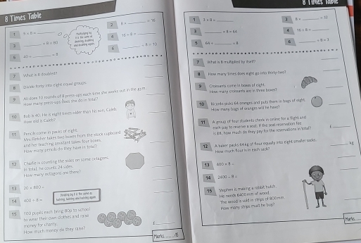 ies table 
8 Times Table
=16 1 1* 11= _ 1 B= _ =13
2 8=
_
1 1* 2= _Mukpheng ky 16+8= _3 _ * 8=64 4 36/ 8=
_
w a 4
_
* R=60
varepsilon =10 64+ _ =8 G _ +8=3
3 _Khể tbóng agon dhéng huding
6
③ 40+
_
_ =1
_
 What is 1 multiplied by itsef?
7 What is I doubled? _ Hose many lnes does eighn ge into tirty two
_
B  Divide forty into eight equal groups.
_
9  All does 10 rounds of 9 prest ups eact sne she works out in the gy m._ 9 Comans come la bous of eight How mary c'onan's wse in three boke?
_
ow many press-ups hoes she do in tota?
10 Bob is 40. He is eight smes older than his son, Caleb. _70 Ric a rdo picks 64 aranges and puts them in bags of eight
How ming bags of anunges will he hass?
per g d is Caleh?
11 A graug of four students check in online for a li girt and
each pay to reserie a set. if the searl resenvation fee
11 Pencils come in packs of eight. Mr. Fletcher takes tiwo bokes from the stock cuphoard f_
_
How many pencils do they have in total? and her teaching asustant taken four bokes. is #, how mach on they pay for the osservations in 1otal?
12
_
12 Charke is counting the sides on some oetagom __How much floor is in each sadk? A baker packs 64 kg of four equally into eight smaller sacks_
_
e total, he counts 24 siden. How miny octagions are there? 13 400* 8=
14 2400/ 8=
13 20* 600-
15
_
14 400/ 8= hadving, halving ad hlving apos Dirlng by t it for samd ay _Stephen is making a rabbit hutch.
He needs 6400 nun of wood .
_
15 100 pupês each bring 80p to school to wear their own clothes and ng so The wood 's sold in strips of 800 mm. How many strips mus'l he buy?
Marks_
money for charity . How much mosey do they raise?
Marks_