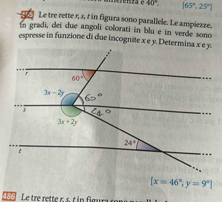 umerenza é 40°. [65°,25°]
45 Le tre rette 7, s, t in figura sono parallele. Le ampiezze,
In gradi, dei due angoli colorati in blu e in verde sono
espresse in funzione di due incognite x e y. Determina x e y.
[x=46°,y=9°]
486 Le tre rette r s. t in figura s o n