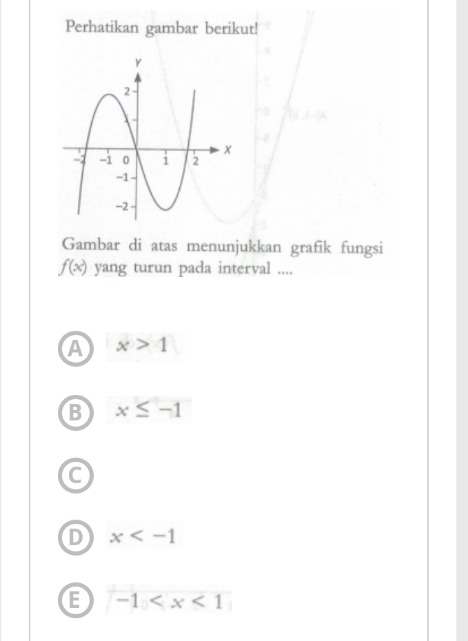 Perhatikan gambar berikut!
Gambar di atas menunjukkan grafik fungsi
f(x) yang turun pada interval ....
A x>1
B x≤ -1
C
D x
E -1