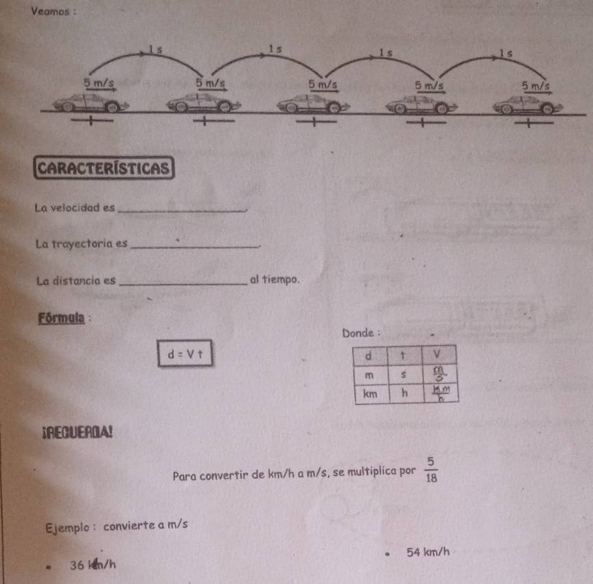 Veamos :
Características
La velocidad es_
La trayectoria es_
-.
La distancia es _al tiempo.
Fórmula :
Donde :
d=Vt
IREQUEROA!
Para convertir de km/h a m/s, se multiplica por  5/18 
Ejemplo : convierte a m/s
54 km/h
36 km/h