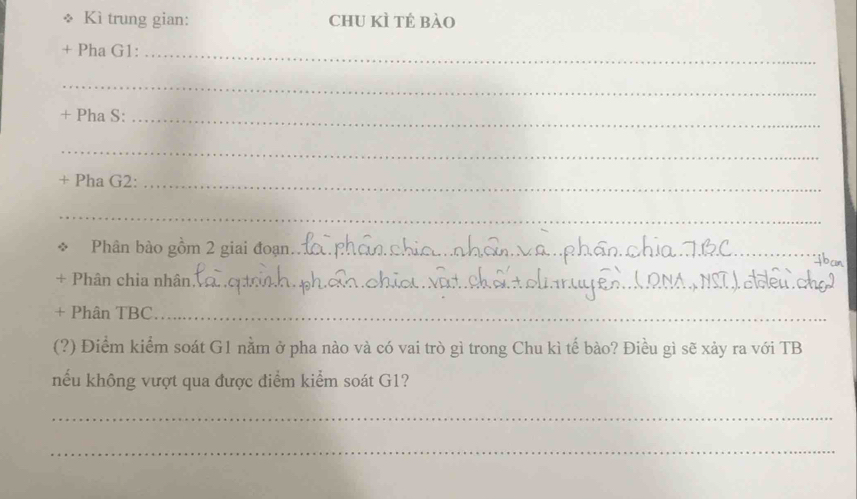 Kì trung gian: chu kì tẻ bào 
+ Pha G1:_ 
_ 
+ Pha S:_ 
_ 
+ Pha G2:_ 
_ 
_ 
Phân bào gồm 2 giai đoạn_ 
+ Phân chia nhân_ 
_ 
+ Phân TBC_ 
(?) Điểm kiểm soát G1 nằm ở pha nào và có vai trò gì trong Chu kì tế bào? Điều gì sẽ xảy ra với TB 
nếu không vượt qua được điểm kiểm soát G1? 
_ 
_