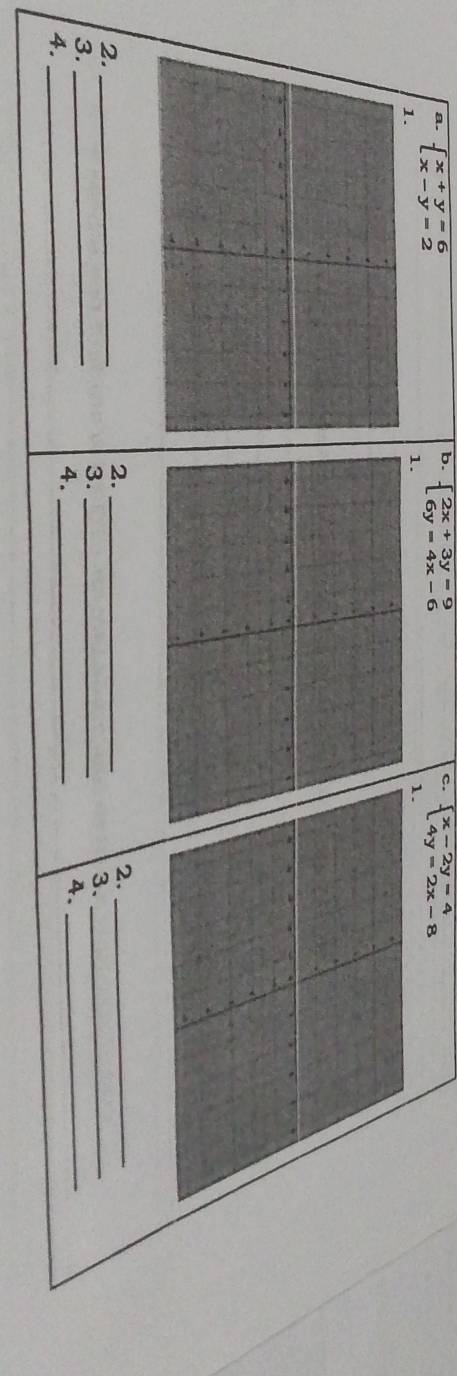 beginarrayl x+y=6 x-y=2endarray. beginarrayl 2x+3y=9 6y=4x-6endarray. beginarrayl x-2y=4 4y=2x-8endarray.
1.
2._
2._
2._
3._
3._
3._
4._
4._
A._