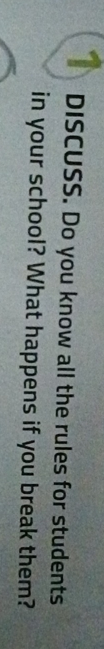 DISCUSS. Do you know all the rules for students 
in your school? What happens if you break them?