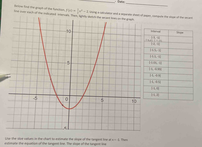 Date:
_
Below find the graph of the function, f(x)= 1/2 x^2-2. Using a calculator and a ompute the slope of the secant
line over each of the indicat
Use the sloe values in the chart to estimate the slope of the tangent line at x=-1. Then
estimate the equation of the tangent line. The slope of the tangent line