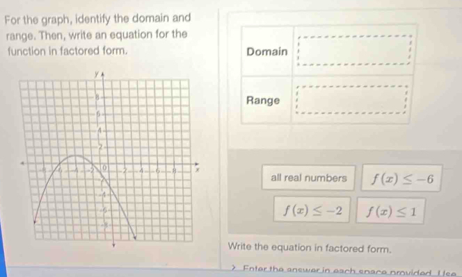 For the graph, identify the domain and 
range. Then, write an equation for the 
function in factored form. Domain 
Range 
all real numbers f(x)≤ -6
f(x)≤ -2 f(x)≤ 1
Write the equation in factored form. 
Enter the answer in each snace provided I se