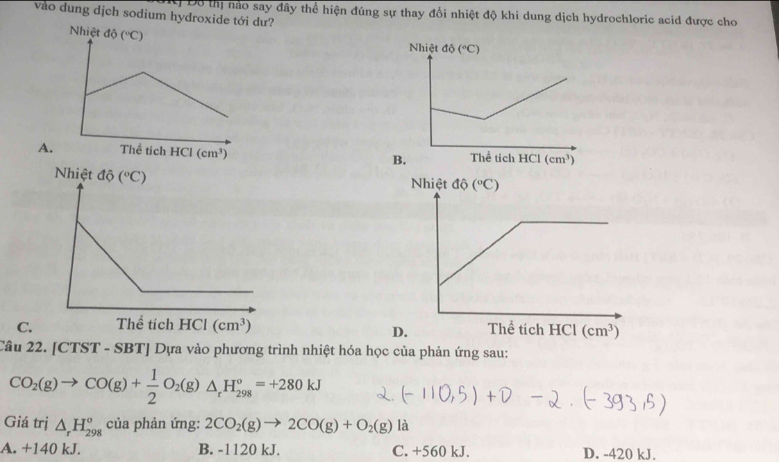 ờ Đô thị nào say đây thể hiện đúng sự thay đổi nhiệt độ khi dung dịch hydrochloric acid được cho
vào dung dịch sodium hydroxide tới 
 
C 
Câu 22. [CTST - SBT] Dựa vào phương trình nhiệt hóa học của phản ứng sau:
CO_2(g)to CO(g)+ 1/2 O_2(g)△ _rH_(298)°=+280kJ
Giá trị △ _rH_(298)^o của phản ứng: 2CO_2(g)to 2CO(g)+O_2(g) là
A. +140 kJ. B. -1120 kJ. C. +560 kJ. D. -420 kJ.