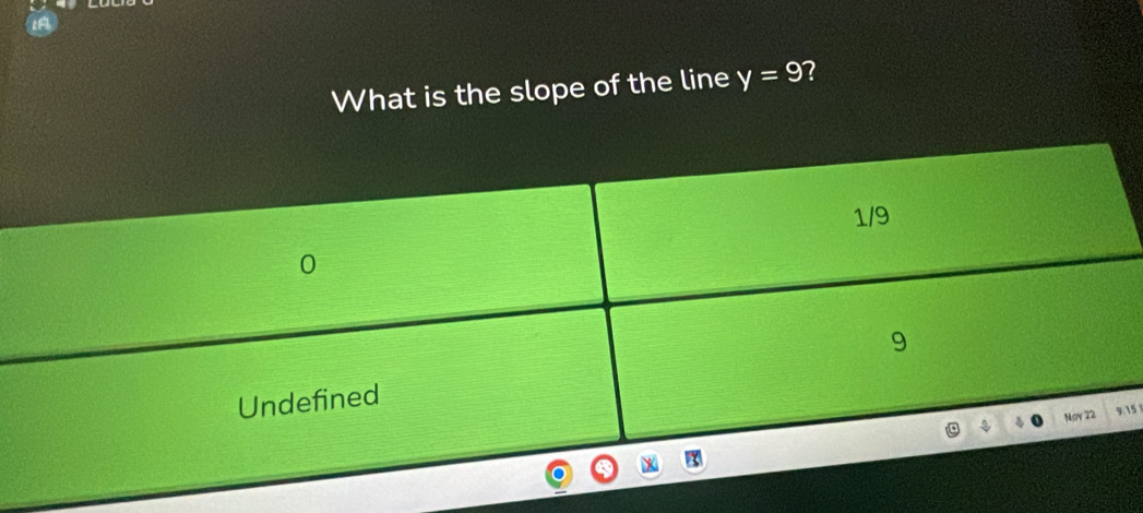 What is the slope of the line y=9 ? 
. 15