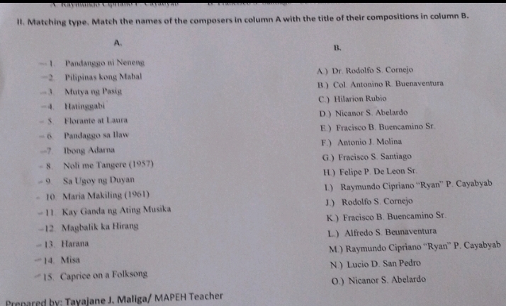 Matching type. Match the names of the composers in column A with the title of their compositions in column B.
A.
B.
1 Pandanggo ni Neneng
—2. Pilipinas kong Mahal A.) Dr. Rodolfo S. Cornejo
3. Mutya ng Pasig B.) Col. Antonino R. Buenaventura
-4. Hatinggabi C.) Hilarion Rubio
S. Florante at Laura D.) Nicanor S. Abelardo
— 6. Pandaggo sa Ilaw E.) Fracisco B. Buencamino Sr.
-7. Ibong Adarna F.) Antonio J. Molina
- 8. Noli me Tangere (1957) G.) Fracisco S. Santiago
9. Sa Ugoy ng Duyan H.) Felipe P. De Leon Sr.
10. Maria Makiling (1961) I.) Raymundo Cipriano “Ryan” P. Cayabyab
- 11. Kay Ganda ng Ating Musika J.) Rodolfo S. Cornejo
-12. Magbalik ka Hirang K.) Fracisco B. Buencamino Sr.
- 13. Harana L.) Alfredo S. Beunaventura
“” 14. Misa M.) Raymundo Cipriano “Ryan” P. Cayabyab
=15. Caprice on a Folksong N.) Lucio D. San Pedro
O.) Nicanor S. Abelardo
Prepared by: Tayajane J. Maliga/ MAPEH Teacher