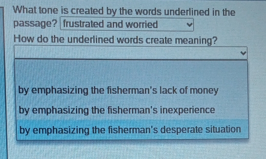 What tone is created by the words underlined in the 
passage? frustrated and worried 
How do the un