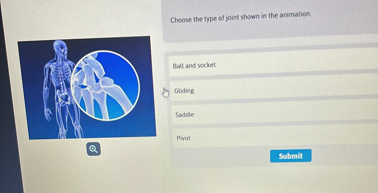 Choose the type of joint shown in the animation.
Ball and socket
Gliding
Saddle
Pivot
a
Submit