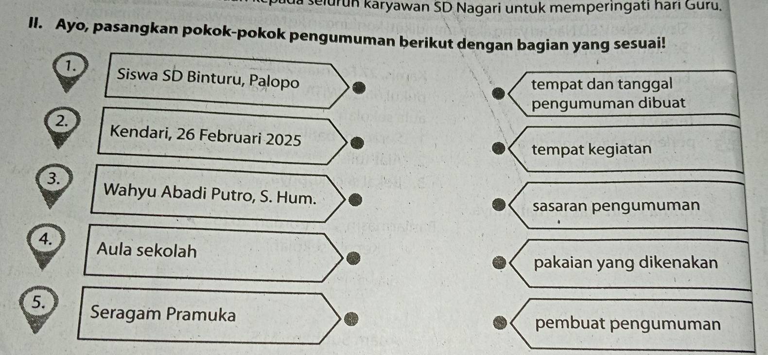 a seiurun karyawan SD Nagari untuk memperingati hari Guru. 
II. Ayo, pasangkan pokok-pokok pengumuman berikut dengan bagian yang sesuai! 
1. Siswa SD Binturu, Palopo 
tempat dan tanggal 
pengumuman dibuat 
2. Kendari, 26 Februari 2025
tempat kegiatan 
3. 
Wahyu Abadi Putro, S. Hum. 
sasaran pengumuman 
4. Aula sekolah 
pakaian yang dikenakan 
5. 
Seragam Pramuka 
pembuat pengumuman