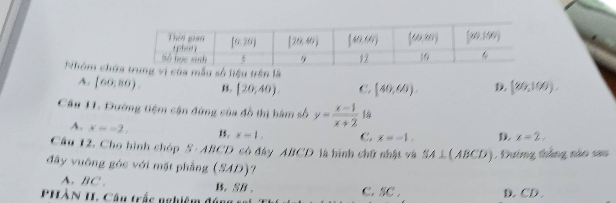 Nhóm chứa liệu trên là
A. (60,80).
B, [20,40). C. [40,60). D. [80,100).
Câu 11. Đường tiệm cận đứng của đô thị hàm số y= (x-1)/x+2 
A. x=-2,
1, x=1, D. x=2,
C. x=-1,
Câu 12. Cho hình chóp S · ABCD só đây ABCD là hình chữ nhật và SA ⊥ (ABCD). ). Đường thắng nào sau
đây vuông góc với mặt phẳng (SAD) 7
A. BC . B. SB .
C.SC . D. CD .
PHẢN II. Câu trắc nghiệm đúng s ử