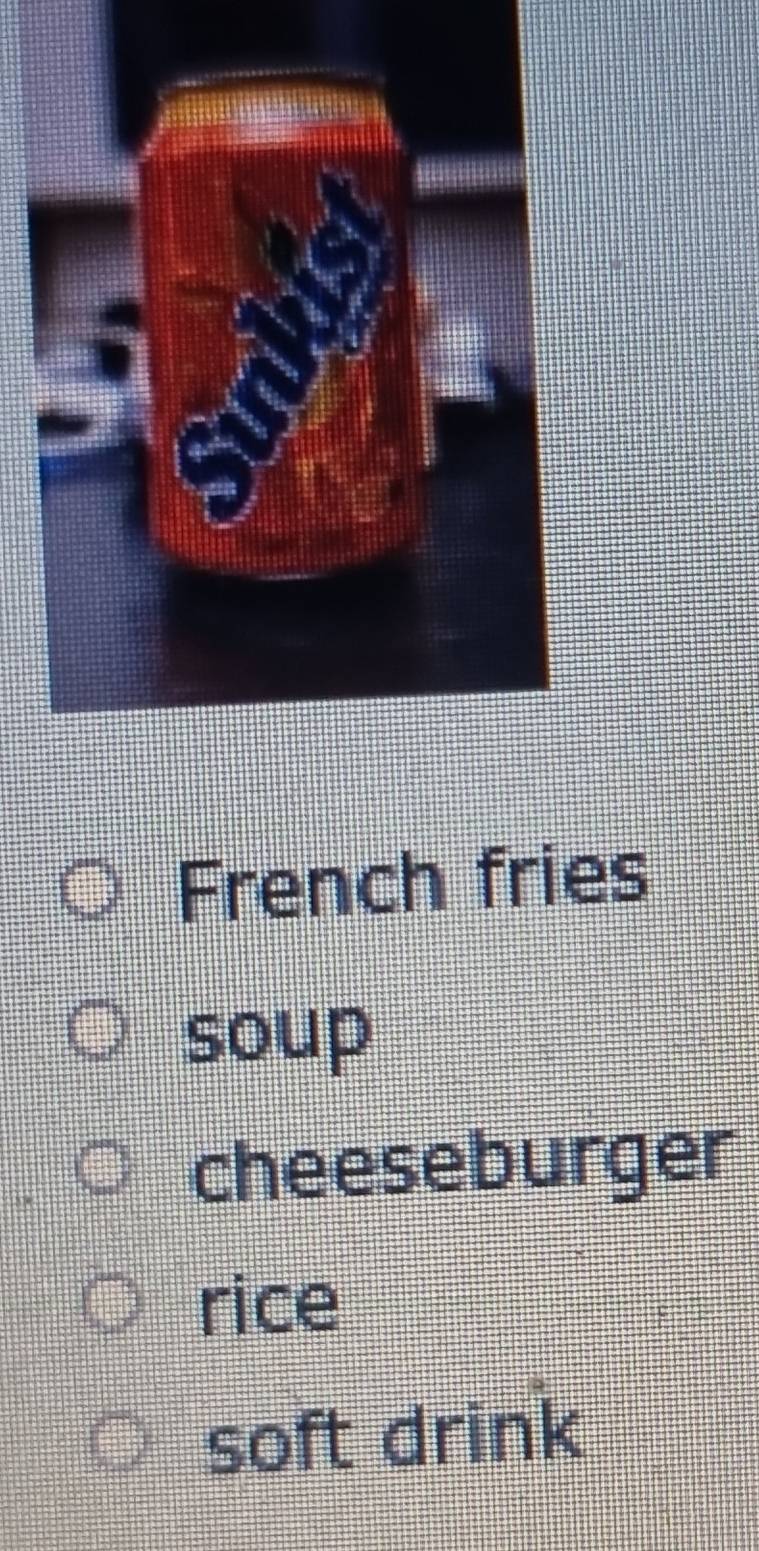 French fries
soup
cheeseburger
rice
soft drink