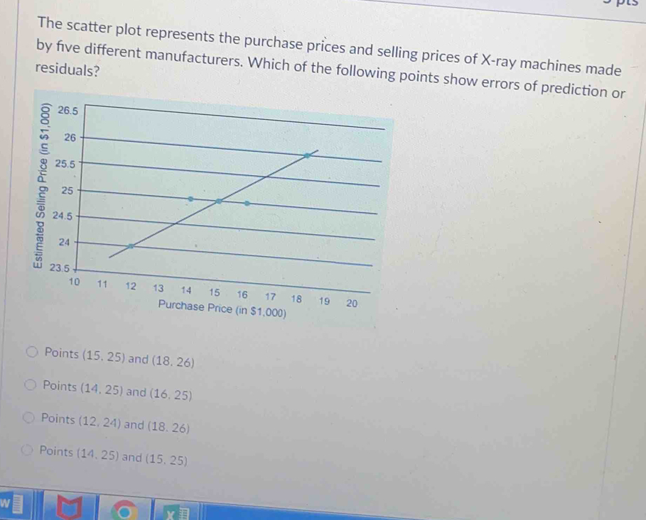 The scatter plot represents the purchase prices and selling prices of X -ray machines made
residuals? by five different manufacturers. Which of the following points show errors of prediction or
Points (15.25) and (18.26)
Points (14,25) and (16,25)
Points (12,24) and (18.26)
Points (14,25) and (15,25)