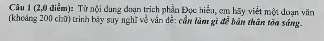 (2,0 điểm): Từ nội dung đoạn trích phần Đọc hiểu, em hãy viết một đoạn văn 
(khoảng 200 chữ) trình bày suy nghĩ về vấn đề: cần làm gì để bản thân tỏa sáng.