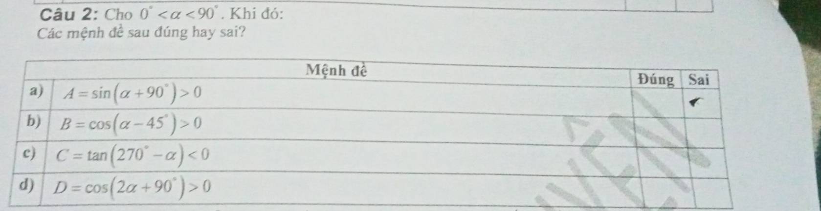 Cho 0° <90°. Khi đó:
Các mệnh đề sau đúng hay sai?